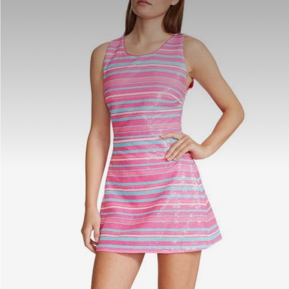 Pink and Blue Striped Sequin Mini Dress